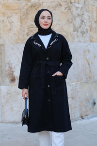 Taş Detaylı Trenç Siyah