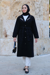 Taş Detaylı Trenç Siyah