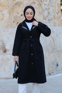 Taş Detaylı Trenç Siyah