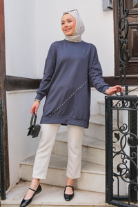 Taş Detaylı Tunik Koyu Gri