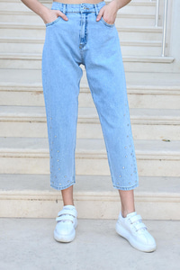 Taş Detaylı Yüksek Bel Pantolon Açık Mavi