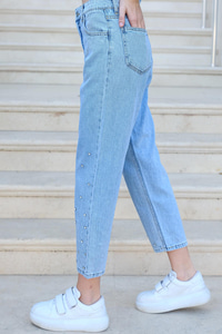 Taş Detaylı Yüksek Bel Pantolon Açık Mavi