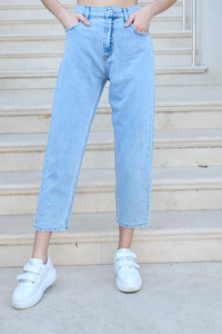 Taş Detaylı Yüksek Bel Pantolon Açık Mavi