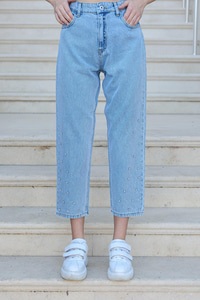 Taş Detaylı Yüksek Bel Pantolon Açık Mavi