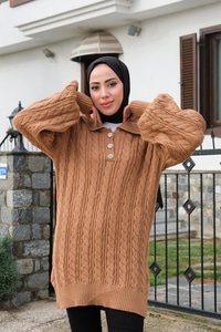 Taş Düğme Detay Örgülü Kazak Vizon