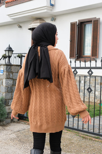 Taş Düğme Detay Örgülü Kazak Vizon