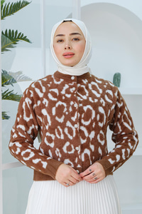 Taş Düğme Detaylı Peluş Hırka Kahverengi