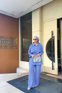 Taş Düğme Detaylı Takım İndigo Mavi