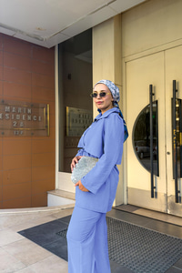 Taş Düğme Detaylı Takım İndigo Mavi