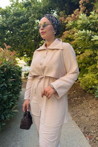 Taş Düğme Detaylı Takım Krem