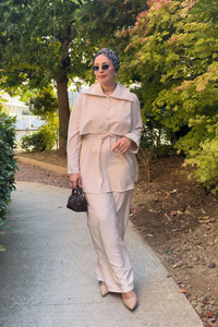 Taş Düğme Detaylı Takım Krem