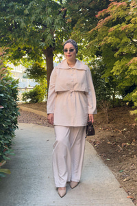 Taş Düğme Detaylı Takım Krem