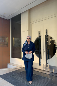 Taş Düğme Detaylı Takım Lacivert