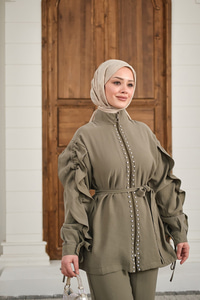 Taş İşlemeli Fermuarlı Bel Bağlamalı Takım Haki Yeşil