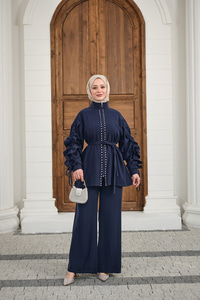 Taş İşlemeli Fermuarlı Bel Bağlamalı Takım Lacivert