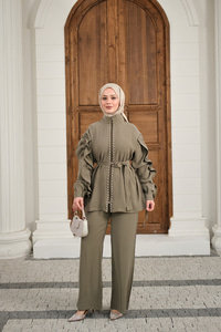 Taş İşlemeli Fermuarlı Bel Bağlamalı Takım Haki Yeşil