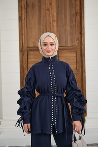 Taş İşlemeli Fermuarlı Bel Bağlamalı Takım Lacivert