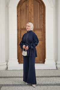 Taş İşlemeli Fermuarlı Bel Bağlamalı Takım Lacivert