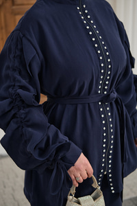 Taş İşlemeli Fermuarlı Bel Bağlamalı Takım Lacivert