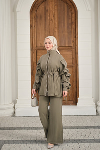 Taş İşlemeli Fermuarlı Bel Bağlamalı Takım Haki Yeşil