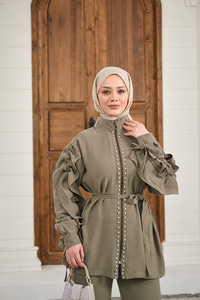 Taş İşlemeli Fermuarlı Bel Bağlamalı Takım Haki Yeşil