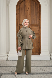 Taş İşlemeli Fermuarlı Bel Bağlamalı Takım Haki Yeşil