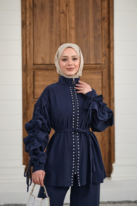 Taş İşlemeli Fermuarlı Bel Bağlamalı Takım Lacivert