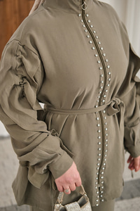 Taş İşlemeli Fermuarlı Bel Bağlamalı Takım Haki Yeşil