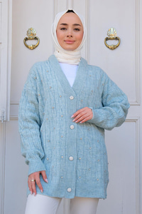 Taş İşlemeli Triko Hırka Bebe Mavi