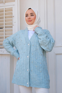 Taş İşlemeli Triko Hırka Bebe Mavi