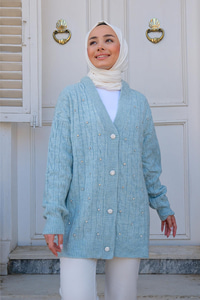 Taş İşlemeli Triko Hırka Bebe Mavi