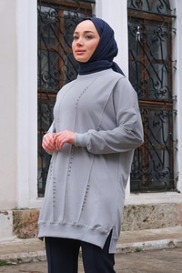 Taş İşlemeli Tunik Gri