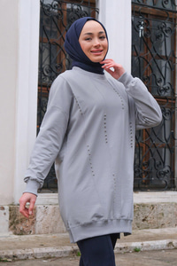Taş İşlemeli Tunik Gri