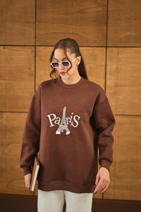 Taş Ve Nakış Detaylı Oversize Sweat Kahverengi