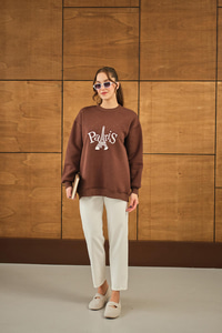 Taş Ve Nakış Detaylı Oversize Sweat Kahverengi