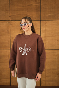 Taş Ve Nakış Detaylı Oversize Sweat Kahverengi