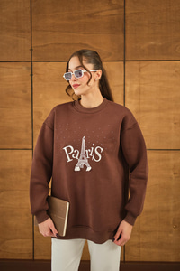 Taş Ve Nakış Detaylı Oversize Sweat Kahverengi
