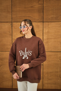 Taş Ve Nakış Detaylı Oversize Sweat Kahverengi