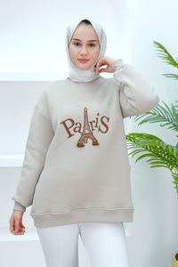 Taş Ve Nakış Detaylı Oversize Sweat Krem