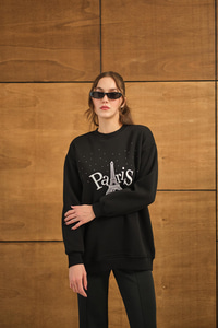 Taş Ve Nakış Detaylı Oversize Sweat Siyah