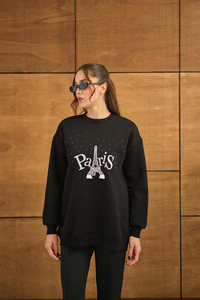 Taş Ve Nakış Detaylı Oversize Sweat Siyah