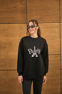 Taş Ve Nakış Detaylı Oversize Sweat Siyah