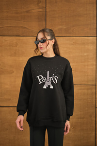 Taş Ve Nakış Detaylı Oversize Sweat Siyah