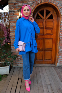 TAS ZINCIR DETAYLI TERIKOTON GOMLEK MAVI