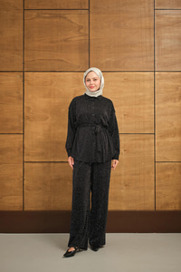 Taşlı Bel Bağlamalı Takım Siyah