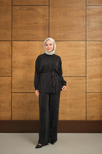 Taşlı Bel Bağlamalı Takım Siyah