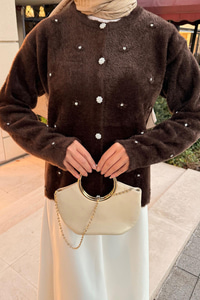 Taşlı Çiçek Düğmeli Hırka Kahverengi