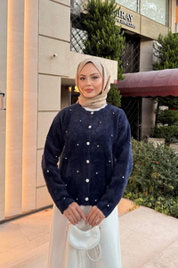 Taşlı Çiçek Düğmeli Hırka Lacivert