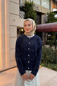 Taşlı Çiçek Düğmeli Hırka Lacivert