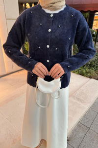 Taşlı Çiçek Düğmeli Hırka Lacivert